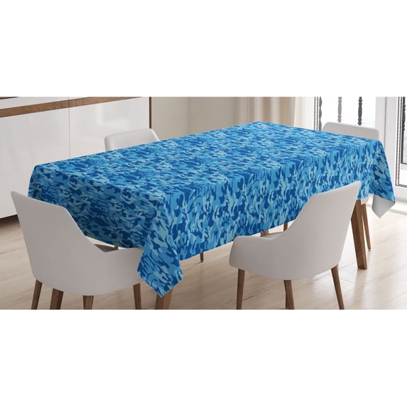 Camouflage Tablecloth, Abstract Camouflage Costume Concealment from the Enemy Hiding Pattern, Rectangle Satin Table Cover for Dining Room and Kitchen, 60" X 84", Pale Blue Navy Blue, by Ambesonne