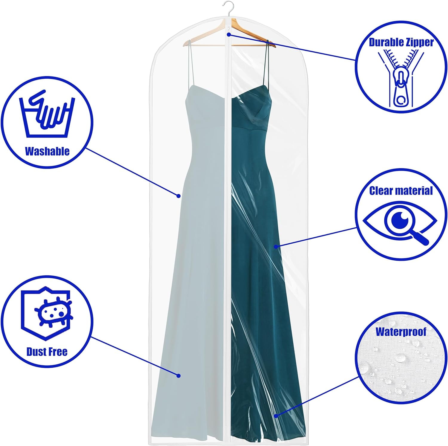 40-Inch Clear Garment Bags with Zipper for Suits, Dresses, Costumes, Uniforms - 5 Pack
