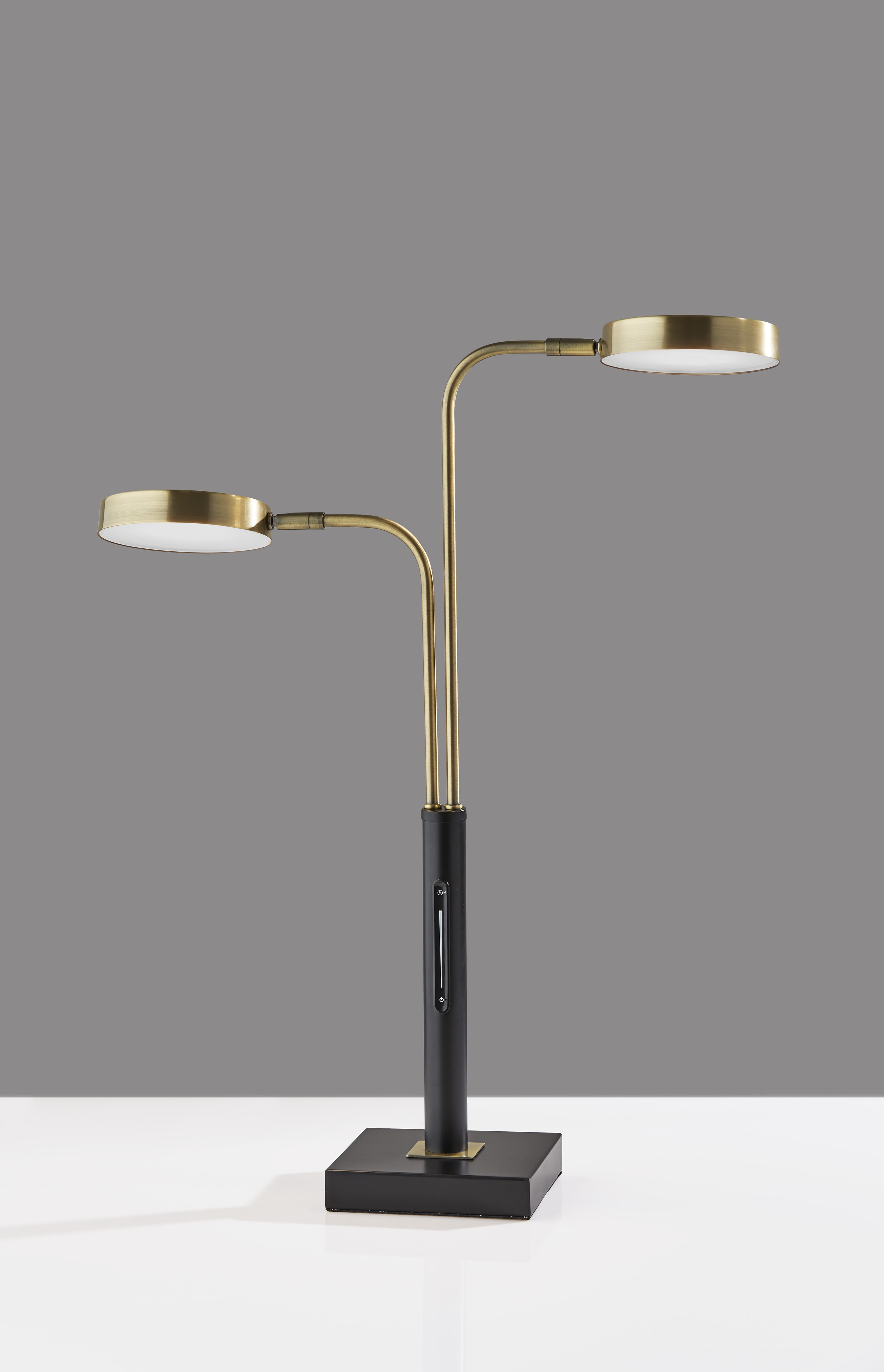 Adesso® Rowan LED 2-Arm Desk Lamp, 25-1/4"H, Antique Brass Shade/Black Base
