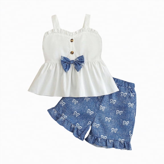 mgoYE Baby Girl Clothes Summer 0-3 Toddler Girls Clothes Sleeveless Camisole Ruffle Tops Bowknot and Jean Short Sets Bow Print(White,18-24 Months)