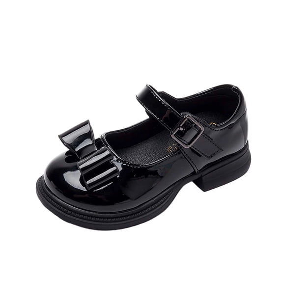 Abomasnow Girls Patent PU Pleated Bow Metal Buckle Strap Low Heel Dress Shoes Casual Lightweight Wedding Party Shoes