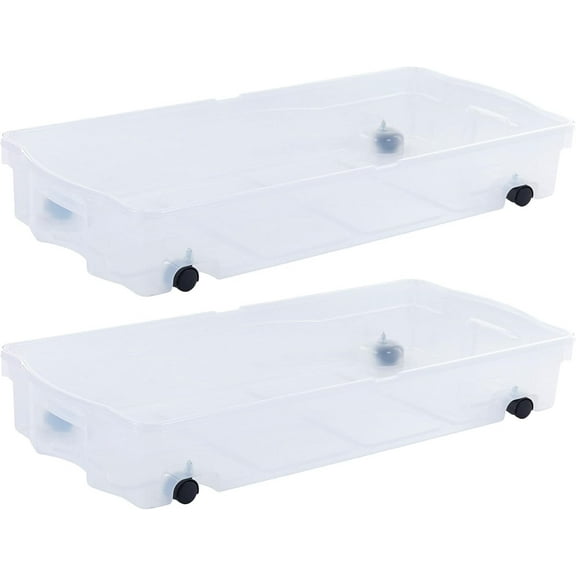 70 Quart Under the Bed Low Profile Storage Boxes with Dual Hinged Lids and Easy Rolling Caster Wheels, Clear, 2 Pack