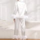 thumbnail image 4 of NHKDSASA-Conjunto de ropa de dormir con plumas para mujer, conjunto de 2 piezas de manga larga con cuello vuelto, Tops de satén informales con pantalones, verano 2023, 4 of 4