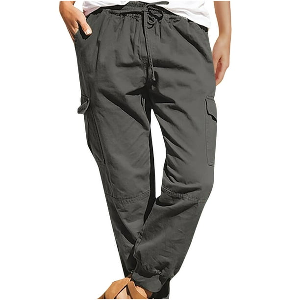 Pants for Women Elastic Waist Drawstring Solid Color Baggy Pockets Jogger Pants  Ladies Cargo Pants Lounge Trousers 