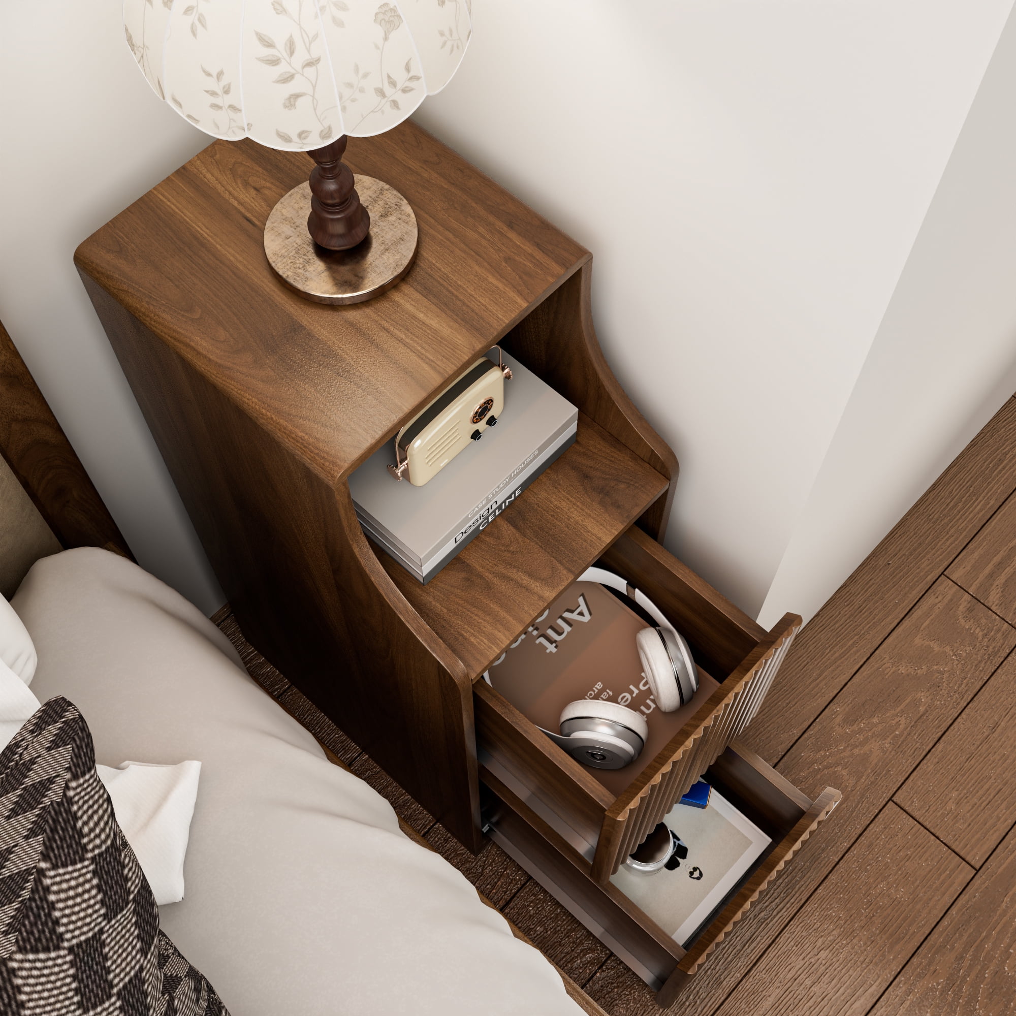 Fluted Narrow Nightstand Set of 2, Small 2 Drawer Nightstand, Skinny End Table, Mid Century Modern Night Stand for Living Room, Bedroom, Walnut