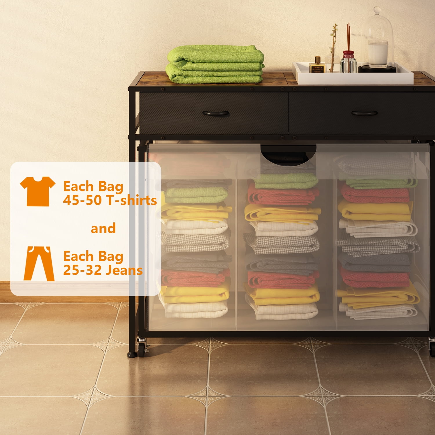 LENLN 3-Section Laundry Hamper Sorter，Laundry Basket with wheels，Movable Rolling Laundry Baskets Cart,Pull-Out Baskets and 2 Drawers Storage Organizer，Laundry Butler for Bathroom Bedroom Laundry Room