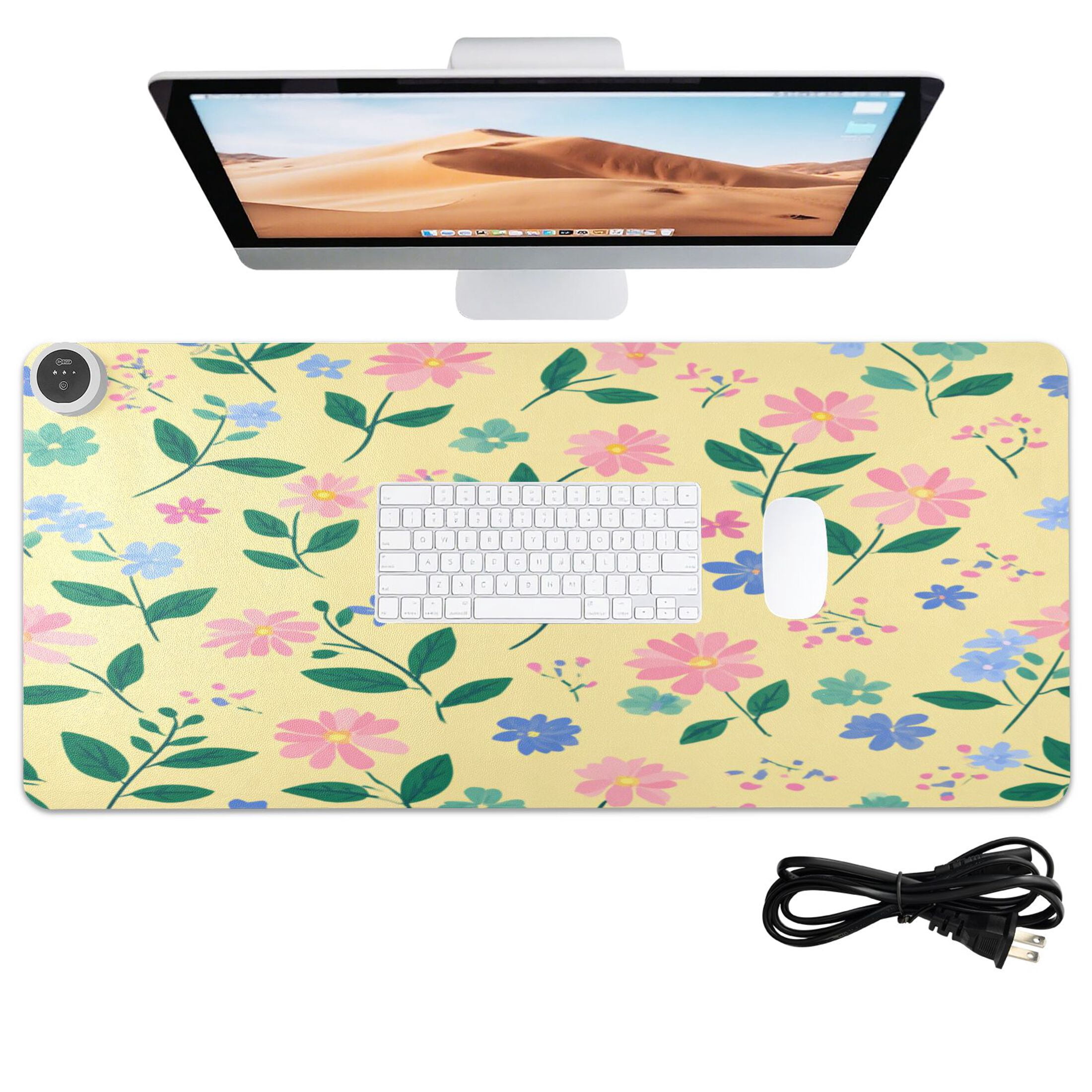 Large Heated Desk Mat Mouse Pad 31.5"x13"PU Leather Graphene Heating Desk Warmer with 3 Temperature Settings 110V US Plug Non-Slip Warm Pad for Home, Office, and Gaming Spring Meadow Floral Print