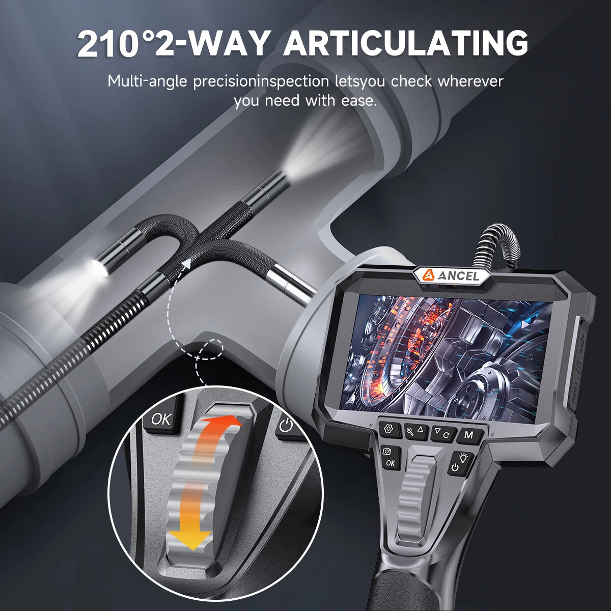 ANCEL AN301 Endoscope 6.2MM Two-Way Articulating Borescope HD Endoscope with 6 LED Lights Car Inspection Tools