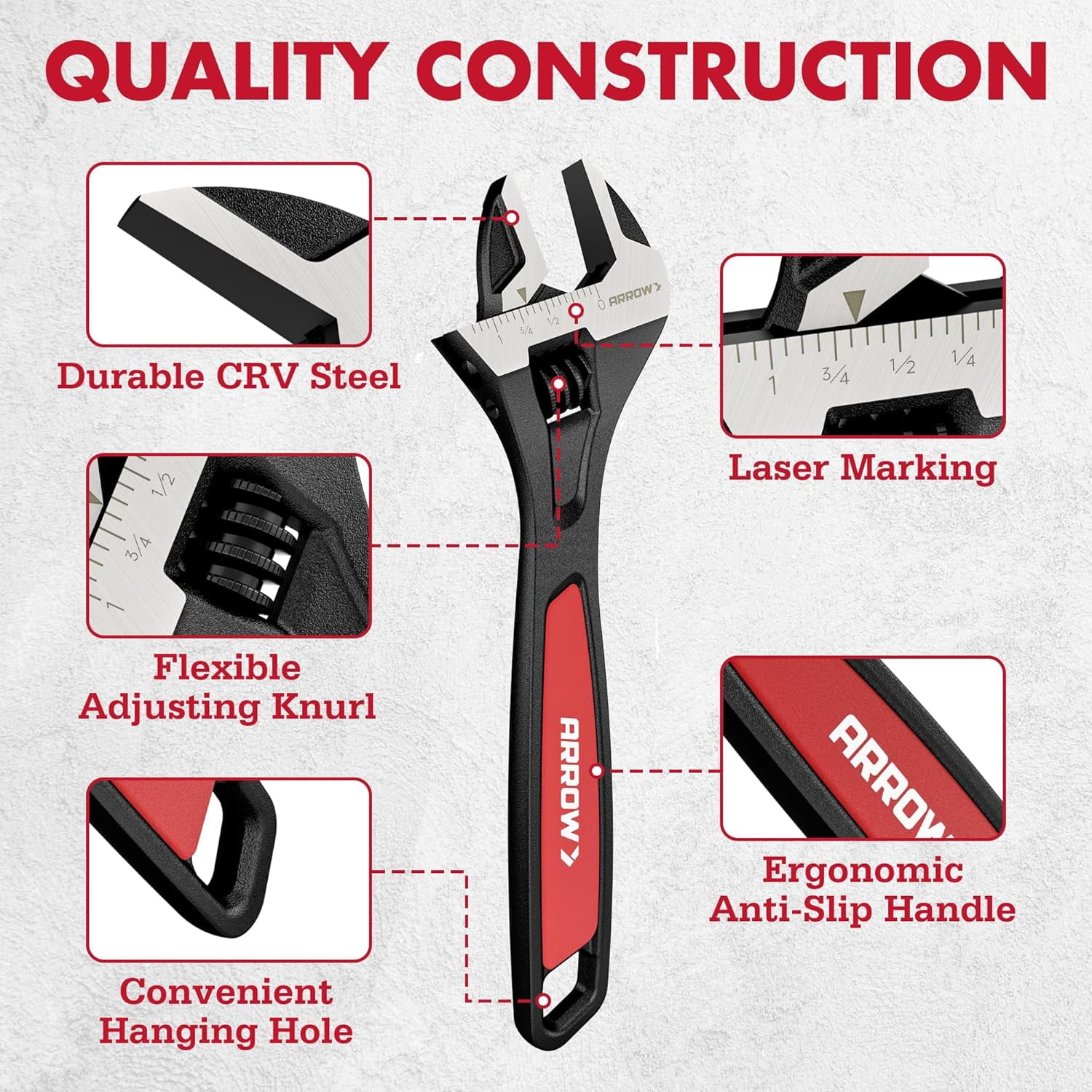 MKEUDQ-ARROW 10-Inch Adjustable Wrench, Cr-V Steel, Wide Jaw Black Oxide Wrench with Inch/Metric Laser Scales, Non-Slip Grip & Hanging Hole, for Home, Garage, Workshop and DIY
