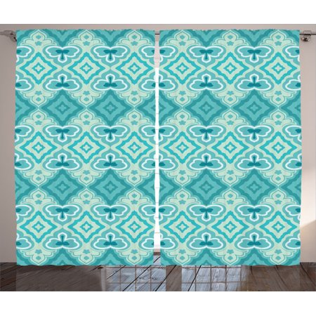 Teal Decor Curtains 2 Panels Set Abstract Geometric Pattern Vintage Floral Design Historic Architectural Ornament Living Room Bedroom Accessories