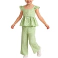 thumbnail image 3 of Lopeceal Kid Girls 2 Pieces Outfits Ginham Cotton Button Down Pleated Hem Fly Sleeve and Wide-Leg Pants Comfortable Daily 1-5Y, 3 of 7