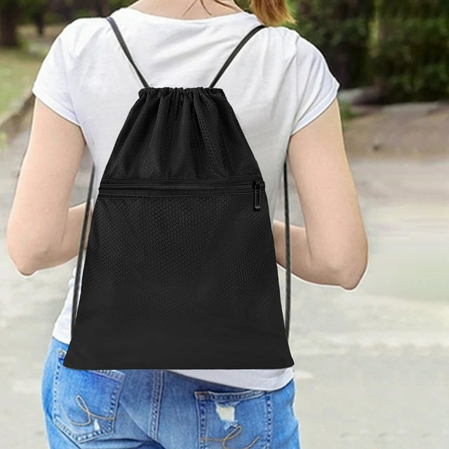 Waterproof Sports Drawstring Backpack Large Capacity Foldable Oxford Cloth Bag for Gym Fitness Travel Outdoor Activities with Small Pocket Organization Hzhnb | Oxford Cloth, Black