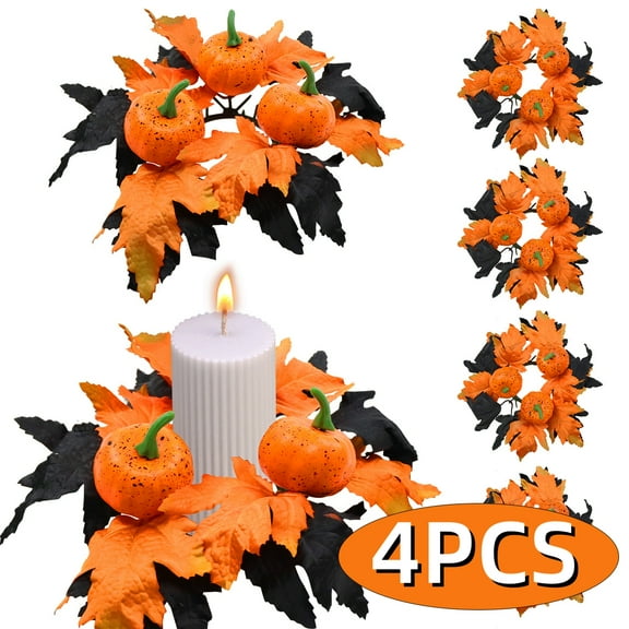 Halloween Candle Ring Wreath Halloween Table Centerpiece Black Orange Spooky Table Top Decoration Small Taper/Pillar Candle Rings Center for Party Favors 4 Pcs Design1