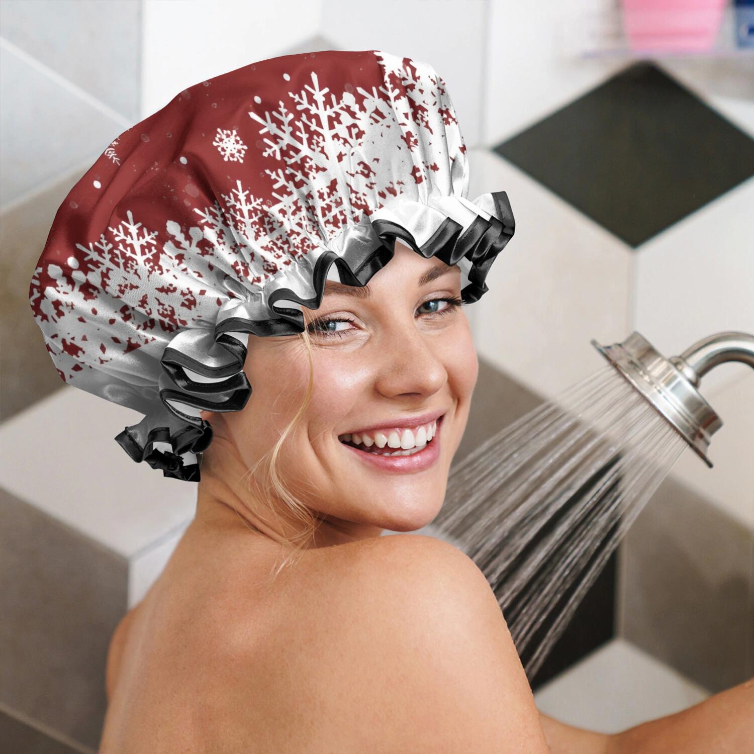 Shower Caps,Red Christmas Snowflake Pattern Waterproof Shower Cap for Women 4 Pieces,Double Reusable Hair Cover for Shower PEVA Elastic Stretch Hem