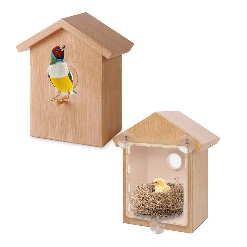 Wood Color SparY Bird Nesting Box,Wooden Bird Feeder,Wall-mounted-Suction Cup Birdhouse with Wood Looking Design for Parrot Bird