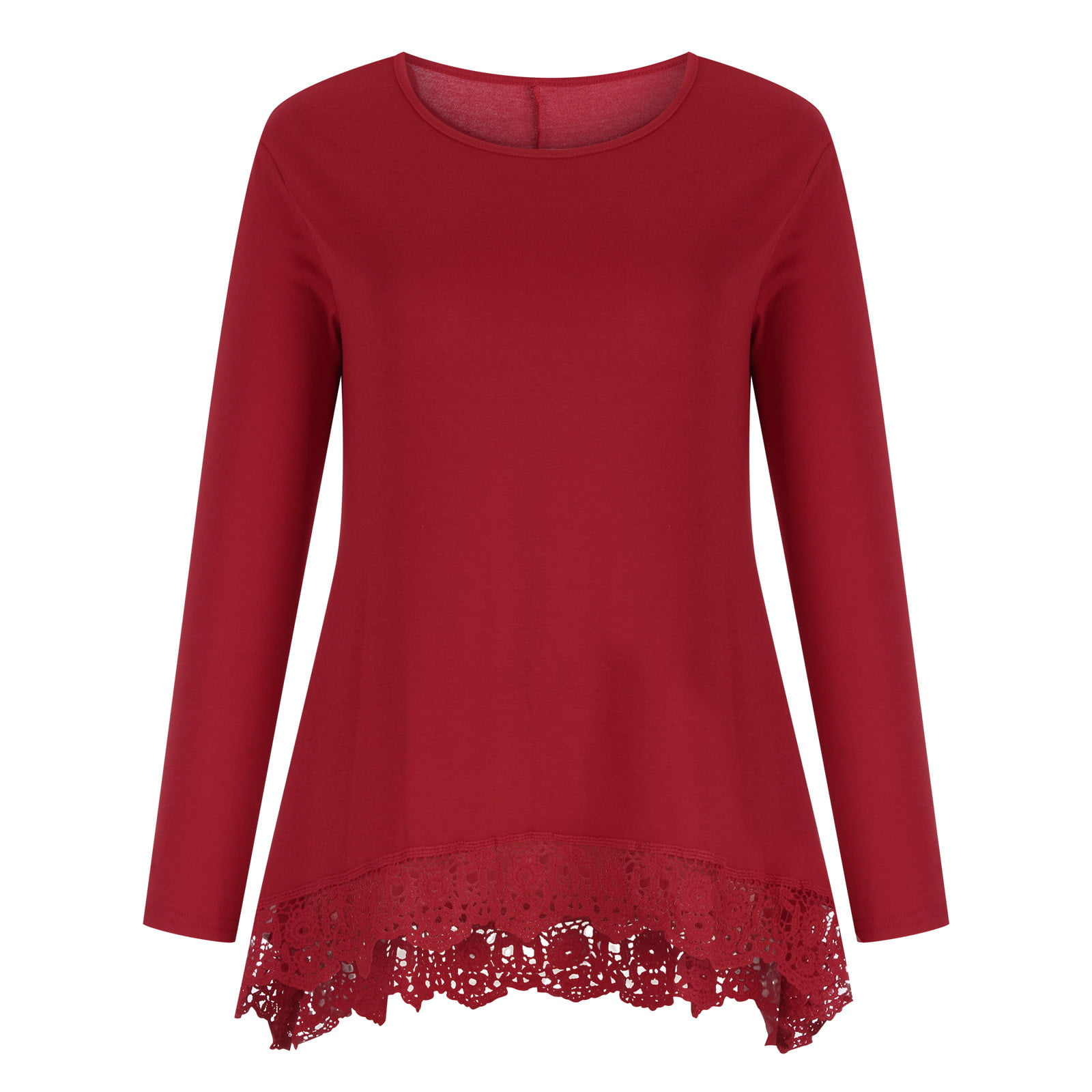 Well T-shirt Long Sleeve Lace Trim O-Neck A-Line Tunic Tops High-Low Hem  Asymmetrical Hem Lines Shirts Loose Casual Women's Tops wine red 