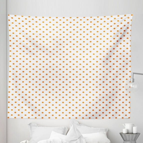 Orange Tapestry, Little Orange Polka Dots on Blank Backdrop Spotted Tile Pattern Retro Style Print, Fabric Wall Hanging Decor for Bedroom Living Room Dorm, 5 Sizes, Orange White, by Ambesonne
