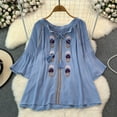 thumbnail image 5 of Vintage Blouse for Women V Neck Lace-up Embroidered Flare Sleeve Camisas Ethnic Style Loose A-line Blusas Mujer Summer Dropship, 5 of 6