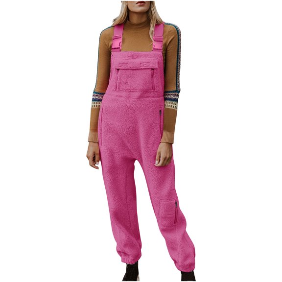 RYRJJ Womens Fuzzy Fleece Overall Jumpsuits Casual Loose Fit Winter Warm Sherpa Bib Overalls Pants with Pockets(Hot Pink,XL)