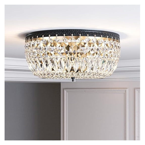 12" Crystal Ceiling Light, 3-Lights Modern Black Flush Mount Light Fixture, French Round Ceiling Chandelier for Bedroom, Bathroom, Entryway, Kitchen, Dining Room, E12 Base