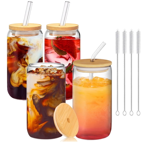 Behome 4Pcs Glass Cups with Lids and Straws, 16oz Drinking Glasses with 4 Cleaning Brushes, Glass Tumblers for Iced Coffee, Beer, Cocktail, Smoothie, Boba Tea, Whiskey