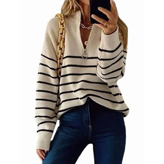 Women Fall Winter Half Zip Striped Pullover Sweaters Trendy V Neck Oversized Long Sleeve Knit Clothes Cream White M
