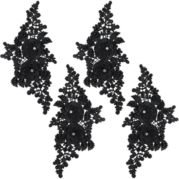4Pcs Black Lace Bead Flower Applique 3D Floral Rhinestone Beaded Appliques Embroidery Polyester Pearl Sew on Patches for Sewing Making Dresses Cloth Gowns Home Decor Wedding Supply