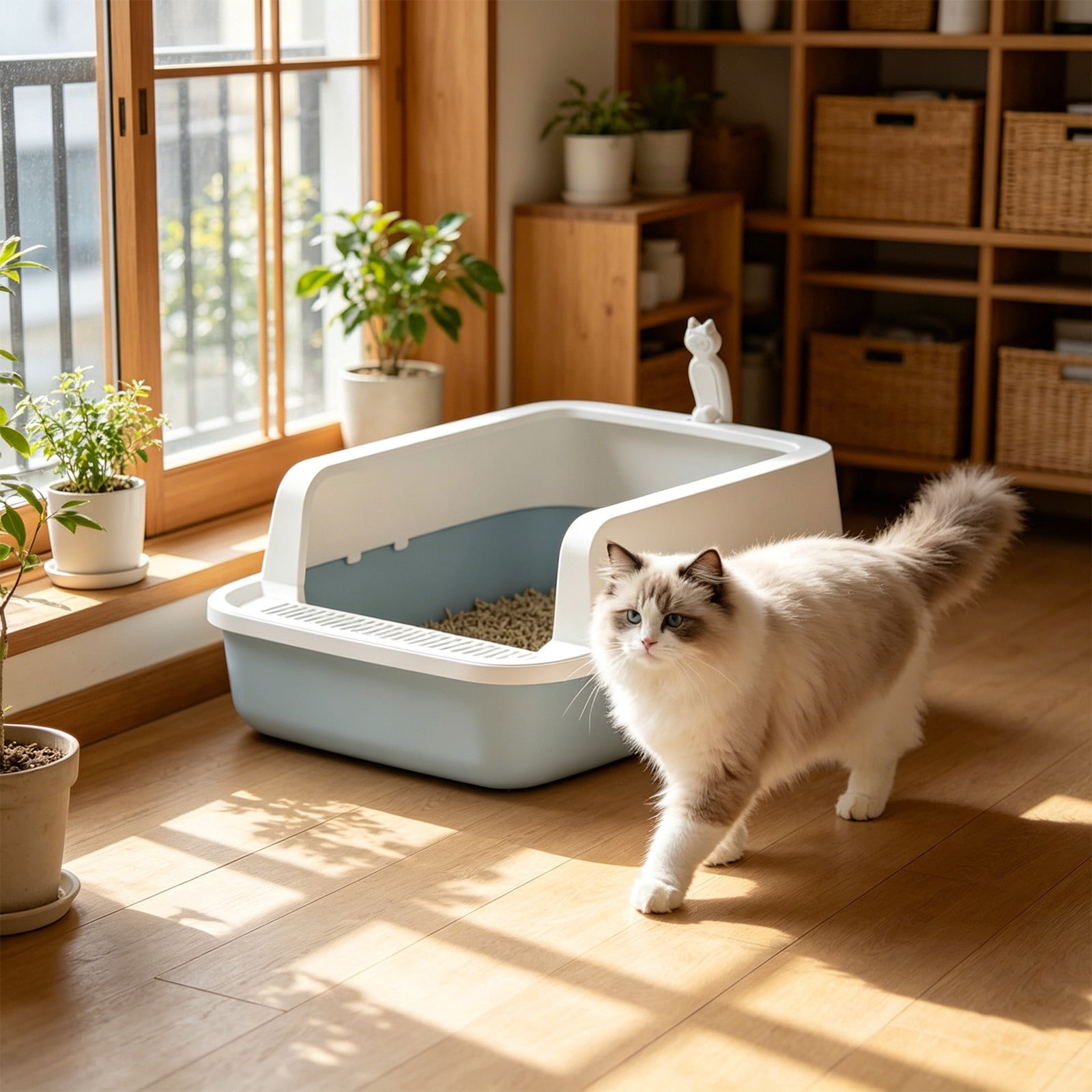 2026 New Open Top Cat Litter Box, High Wall Semi Enclosed Pet Litter Tray for Home Living Room, Non Slide Bottom & Easy to Clean, 15.75x11.81x6.69in Blue