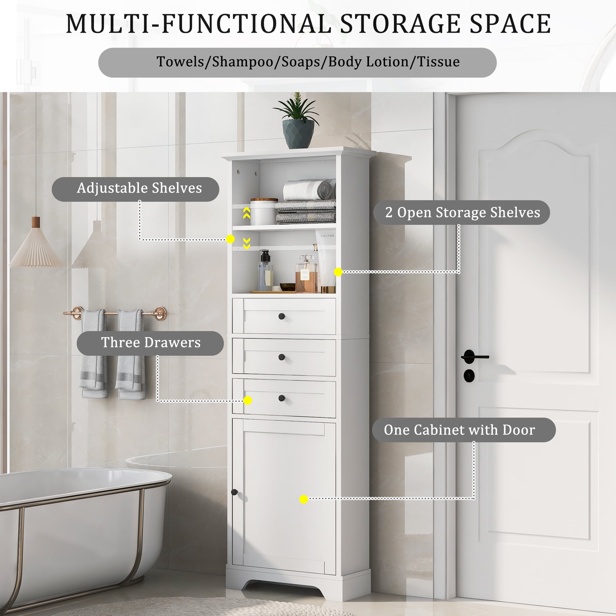 Aukfa 68''W Bathroom Cabinet with Drawers and Shelves,Freestanding Tall Storage Cabinet - White