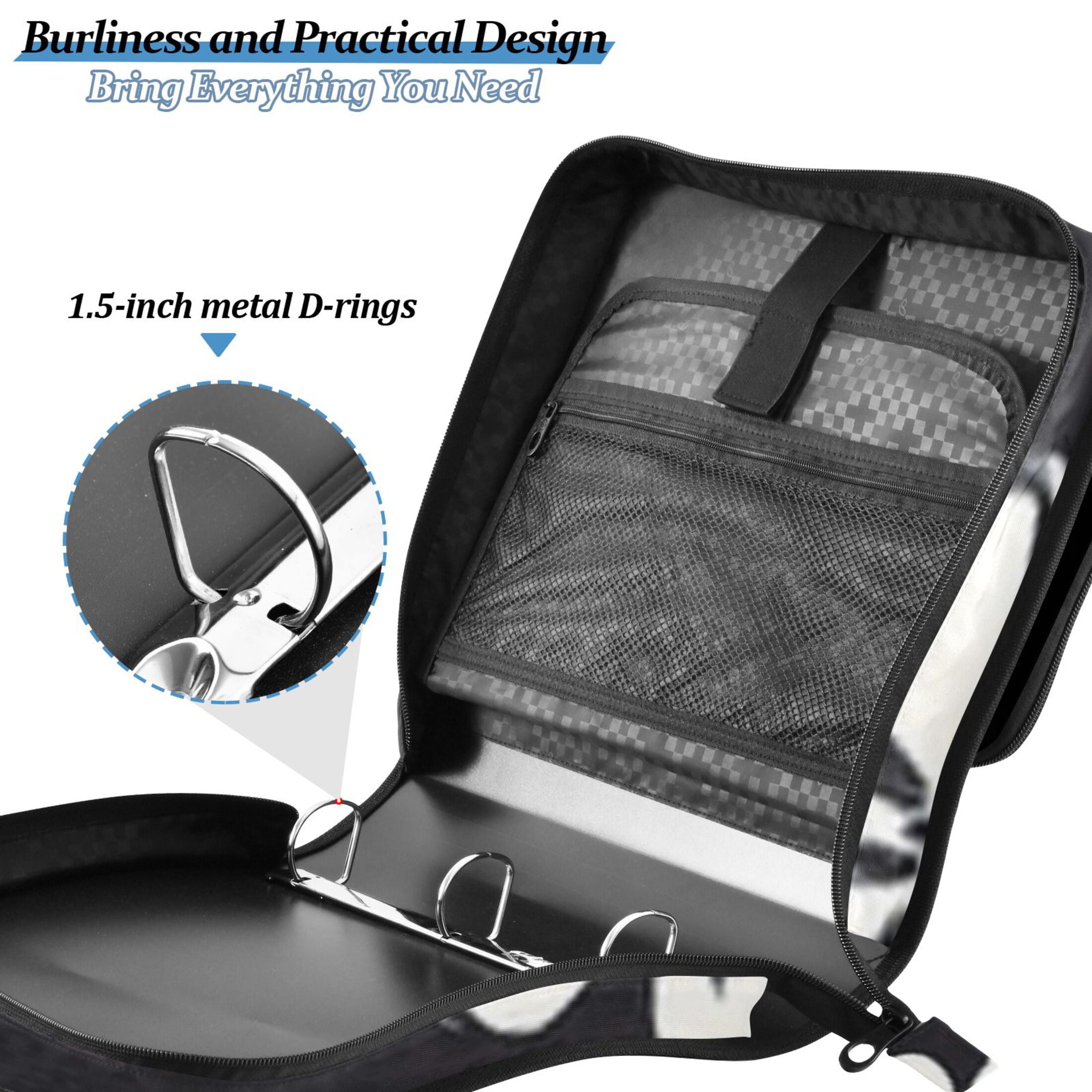 Zipper Binder Black Background White Flower 1.5 Inch Binder Folder Bag with Shoulder Strap and Handle