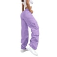thumbnail image 3 of Cargo Pants for women Casual High Waist Elastic Straight Back Pockets Business Casual Pants Purple, 3 of 8