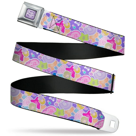 Polly Pocket Belt, Seatbelt Buckle Belt, Polly Pocket Dolls and Compacts Collage Lavender, 30 to 44 Inches
