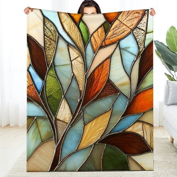 stained glass leaves mosaic Flannel Blankets for Couch Bed Sofa, Warm Soft Durable Soft and Warm Flannel Blanket, Multifunctional for Sofa, Travel, Camping, Bed, Chair, Multi-purpose Gift Blanket