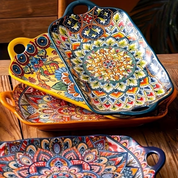 Ceramic Dinner Plates Set of 4, 12 Inch Porcelain Salad Plates With Handles, Bohemian Style Dinnerware Plates Set for Pasta, Salad and Steak, Microwave, Oven & Dishwasher Safe