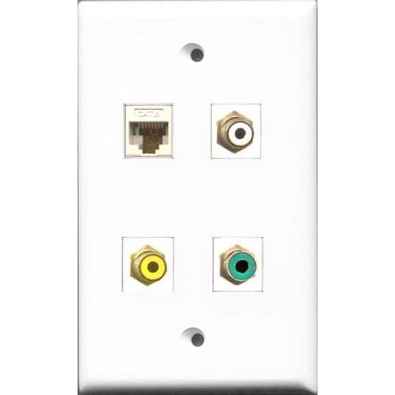RiteAV 1 Port RCA White and 1 Port RCA Yellow and 1 Port RCA Green and 1 Port Cat6 Ethernet White Wall Plate