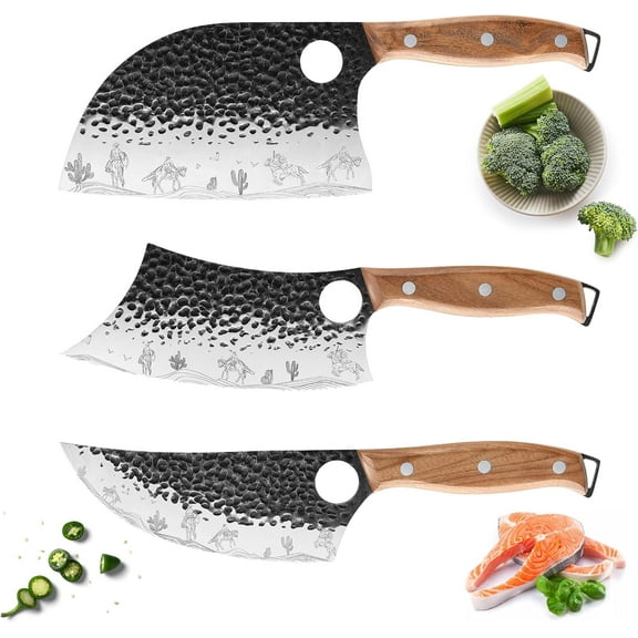 3PCS Butcher Knife Set, Hand Forged Serbian Chef & Meat Cleaver & Viking Knife, Wooden Handle, Perfect for Home, BBQ, Camping (Cactus and Knight Pattern)