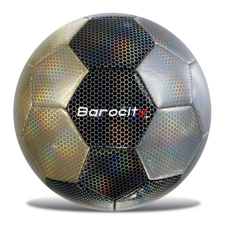 Barocity Modern Pattern Soccer Ball - Indoor Outdoor Soccer Balls with Reflective Iridescent Rainbow Hex Pattern Kids Soccer Ball for Training Practice Playtime - Size 4 - Mix Silver Black Gold