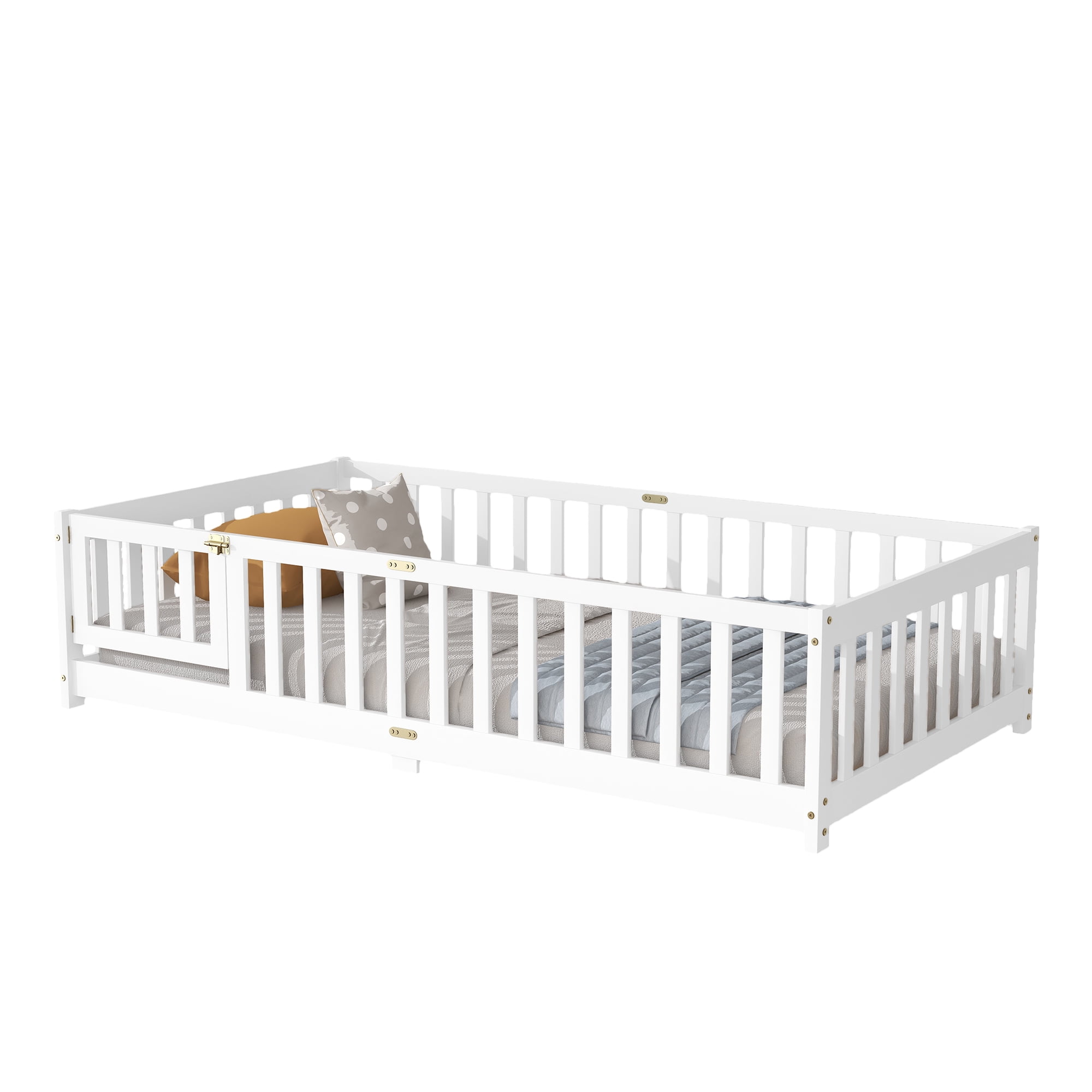 Sailvan Twin Floor Bed with Fence and Door, Solid Rubber Wood Kids Platform Bed Frame White