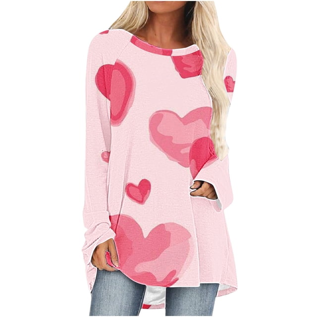 Cameland Chemises Grande Taille pour Femmes Imprimé Cœur Hauts de la Saint-Valentin Manches Longues Tunique Col Rond Blouses