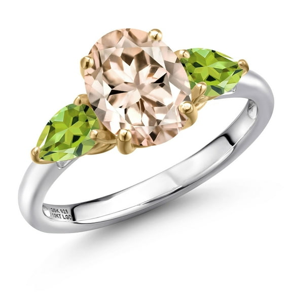 Gem Stone King 925 Silver and 10K Yellow Gold Peach Morganite and Green Peridot Engagement Ring for Women | 2.43 Cttw | Oval 9X7MM | Gemstone October Birthstone | Size 8