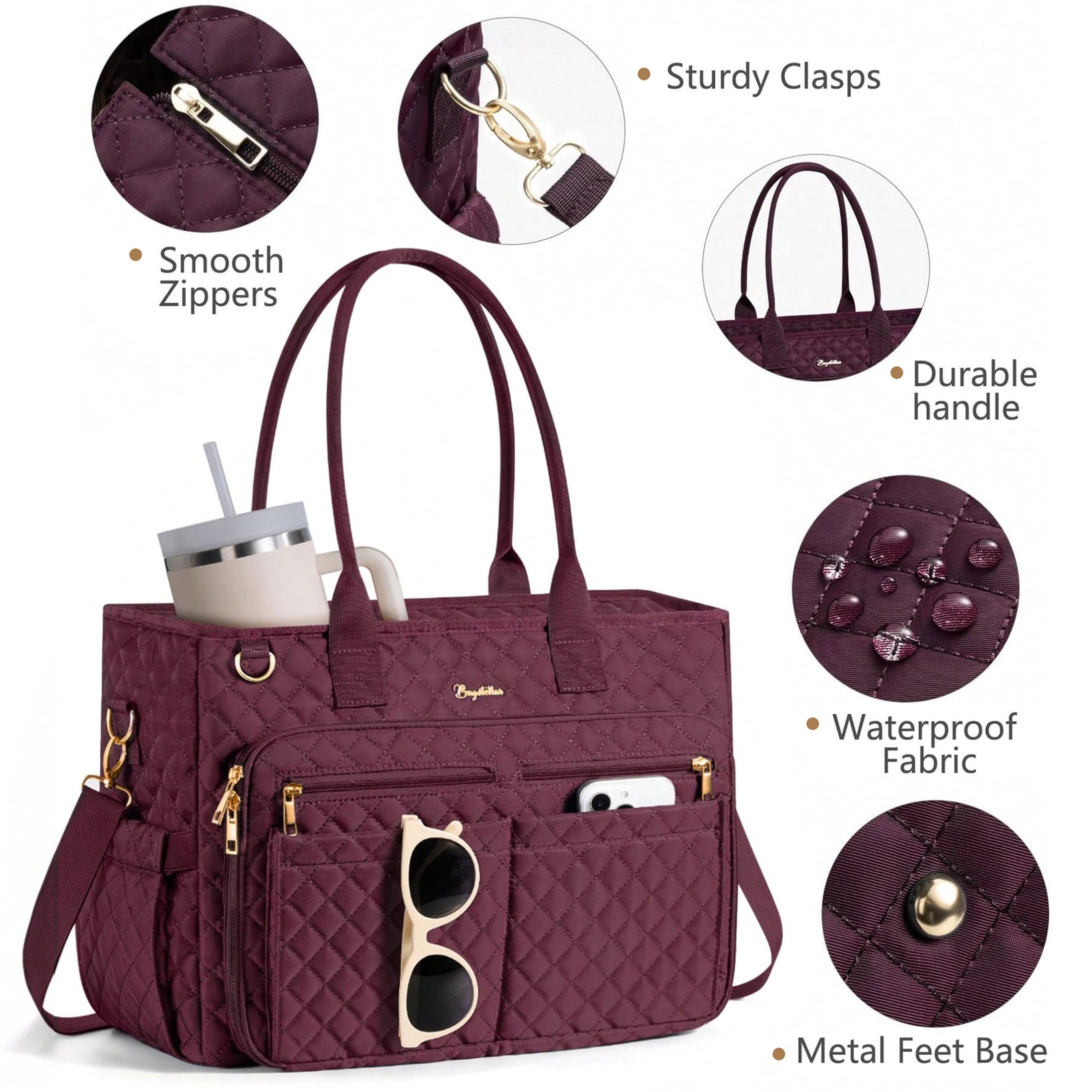 Teacher Tote Bag 15.6 inch Laptop Bag for Women, Work Bags Nurse Bible Bag Quilted Lightweight Laptop Tote Computer Briefcase for School Travel Office College, Burgundy