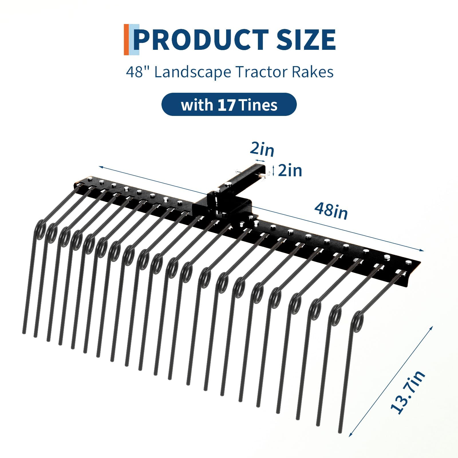 Heavy Duty Landscape Rake Attachment – 48 Inch Steel Pine Straw Rake with Durable Spring Tines, 2 Inch Receiver, Ideal for Hay, Pine Needles, and Lawn Care, Black | 48 inches