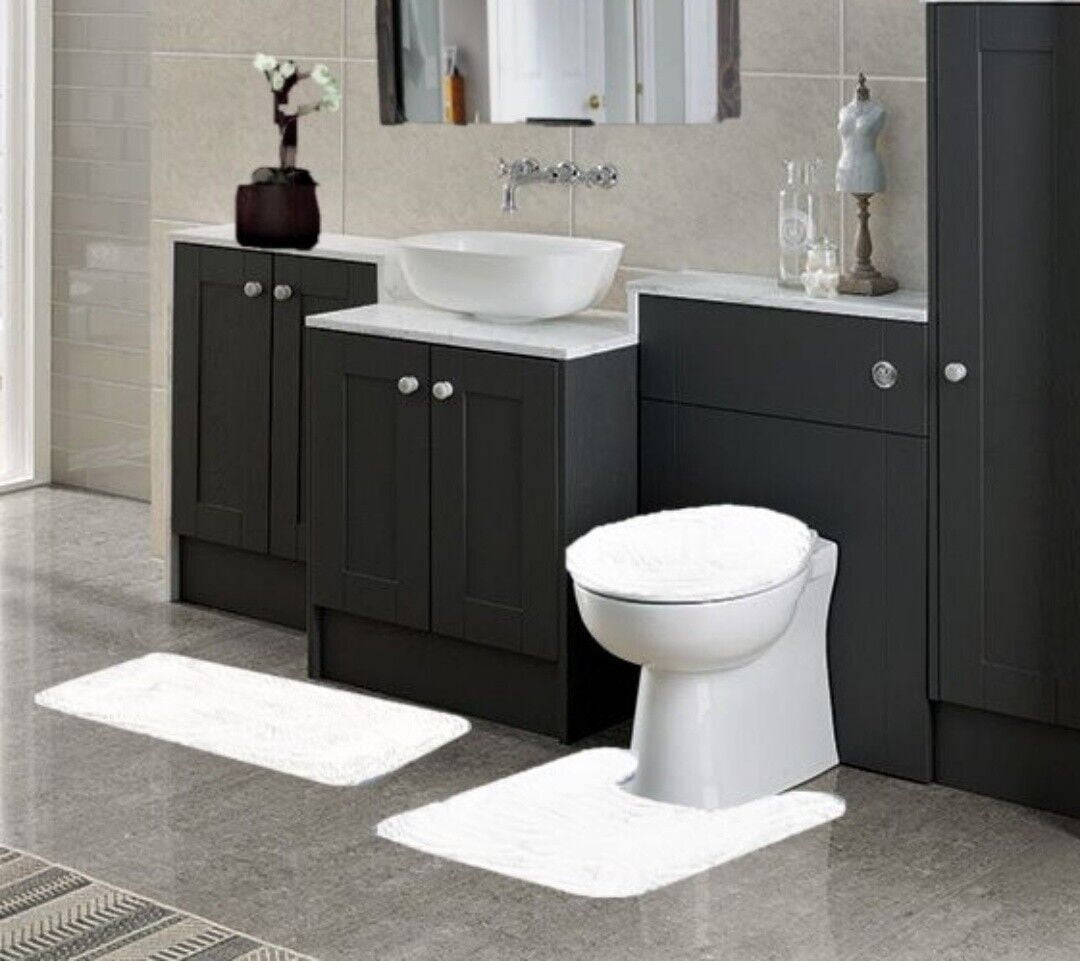 Bath Mat Rug Set With Lid Cover 3 Piece,White Color Shaggy Chenille