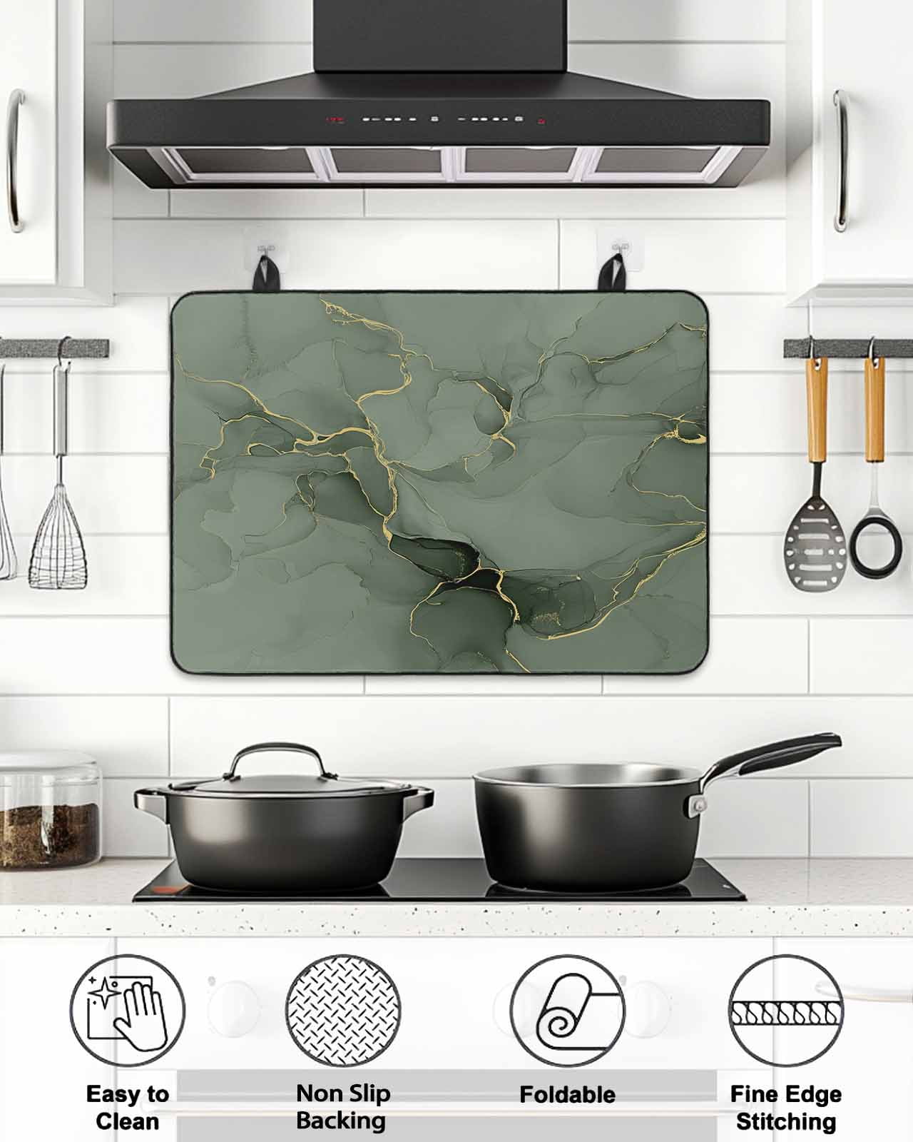 Stove Top Covers for Electric Stove, Sage Green Marble Glass Stovetop Cover Protector, Modern Abstract Art Ink Painting Induction Cooktop Protector Oven Mat for Kitchen Countertop 28.5"x20.5"