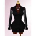 thumbnail image 3 of Women Black V-Neck Mesh Sleeve Bodycon Mini Dress, 3 of 9