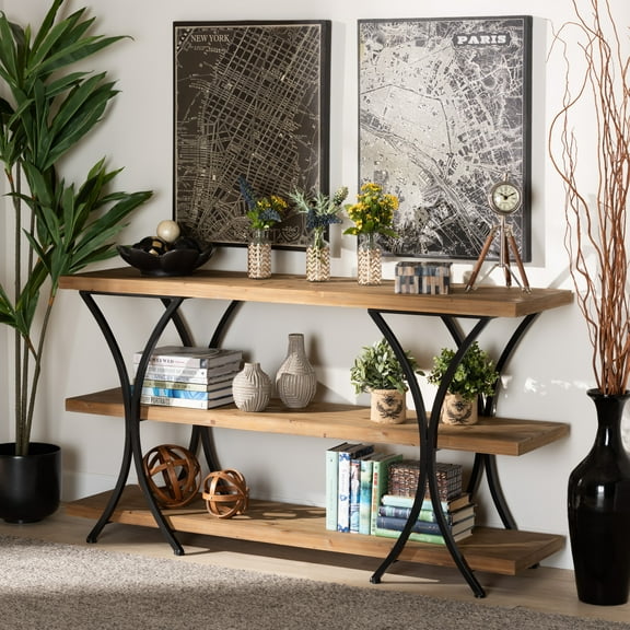 Baxton Studio Terrell Industrial Wood and Metal 3 Tier Console Table, Natural