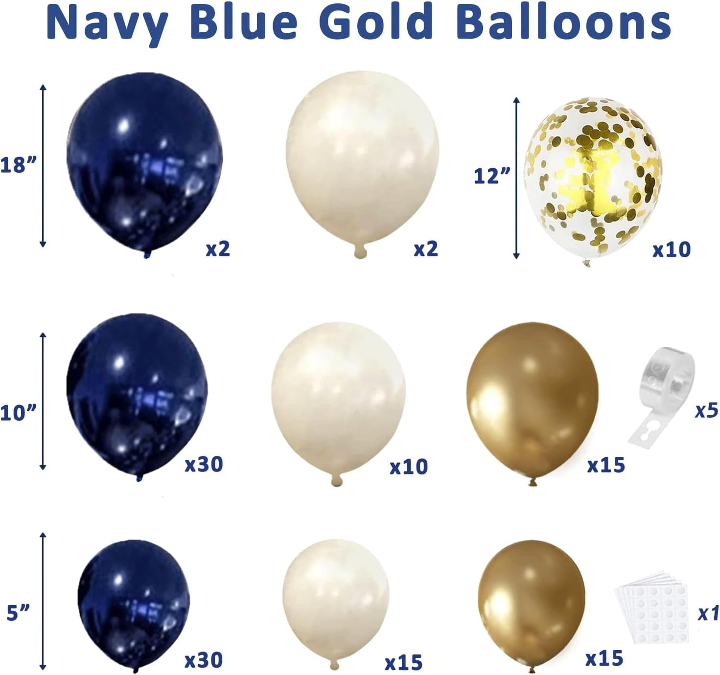 Navy Blue Silver Balloons Arch Kit, Double Stuffed Pearl White Royal Dark Blue Silver Chrome with Confetti Balloons Garland Kit for Birthday Wedding Graduation Father's Day Decorations