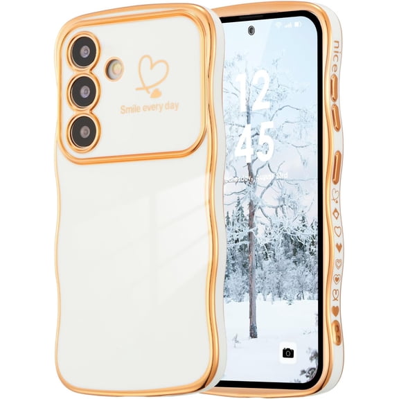 REQO Case for Samsung Galaxy S26 Case, Curly Wave Shape Plating Frame Cute Love Heart Cover for Girls Women, Full Camera Lens Protection Soft Durable TPU Shockproof Bumper
