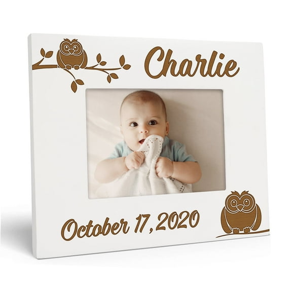 Darling Souvenir MADE WITH LOVEPersonalized WoodEngraved Baby Picture Frame, Table Top WhitePhotoFrame (New Born Baby) Customizable Quote - 4x6 Inches Horizontal