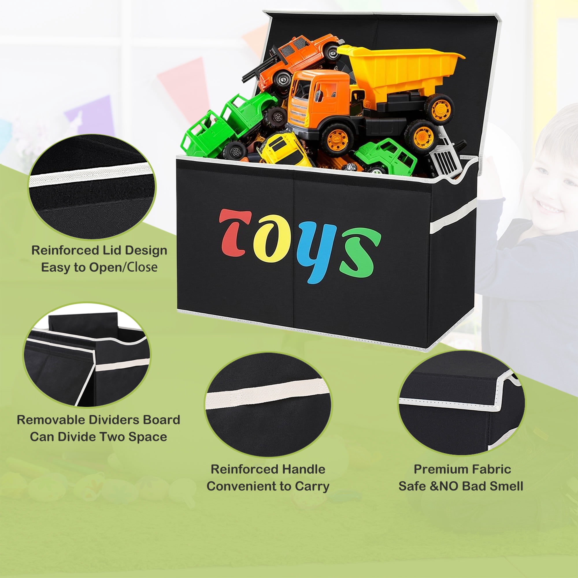 VICTORICH XL Child Collapsible Toy Storage Fabric 32 gal Kids Room Toy Chests with Lids, Black
